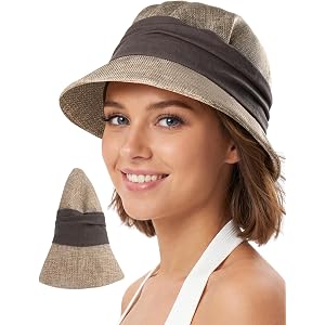 Babalet Women Summer Bucket Sun Hat Lightweight Beach Faux Linen Blend Bucket Hat Adjustable Foldable UV Protection Beach Cap