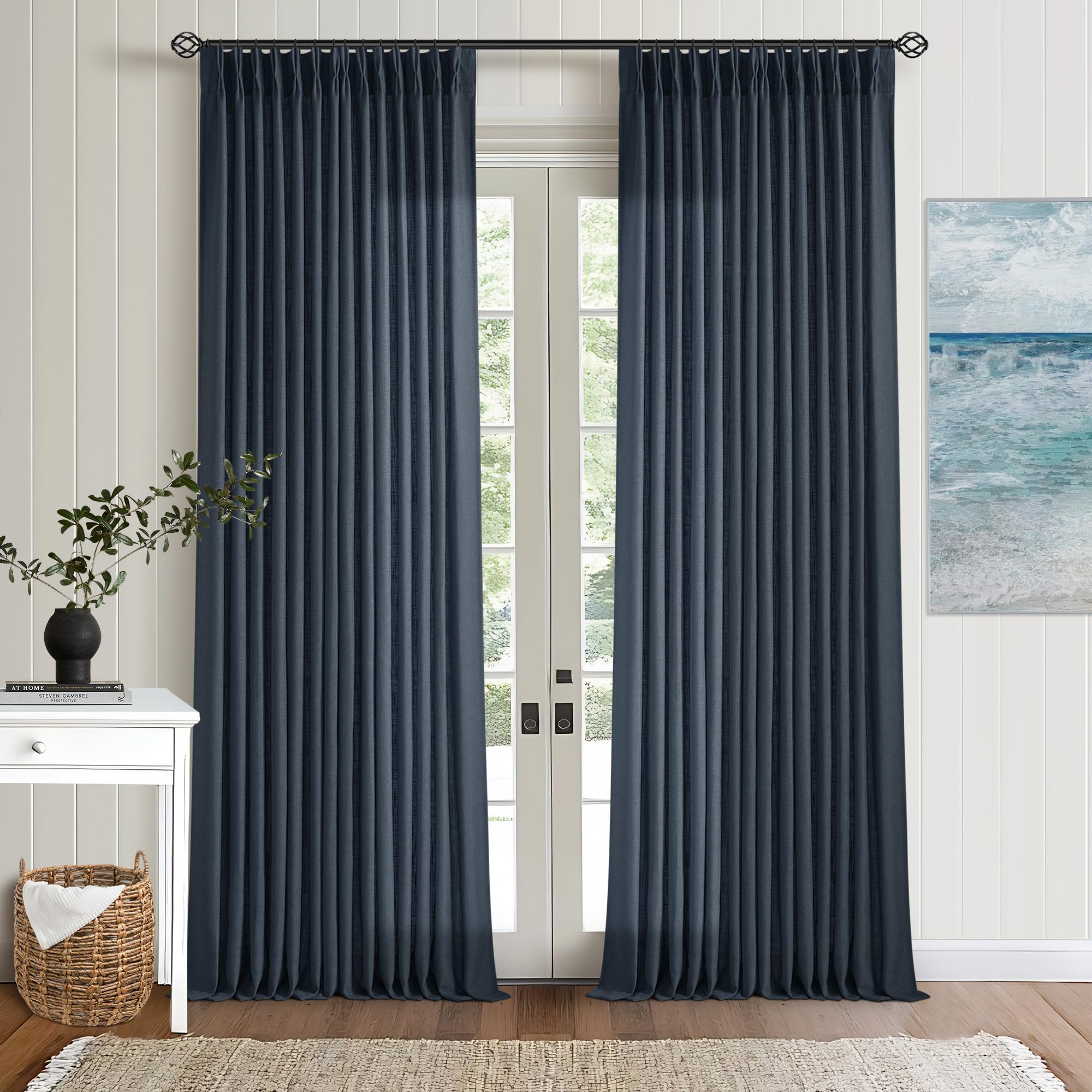 Photo 1 of ** ONLY ONE PANEL**Dark Blue Linen Curtains 102 Inches Long for Living Room Pinch Pleated Drape with Hooks Rings for Track System Light Filtering 102 Inch Curtain for Bedroom Sliding Patio Door 1 Panel Navy Indigo