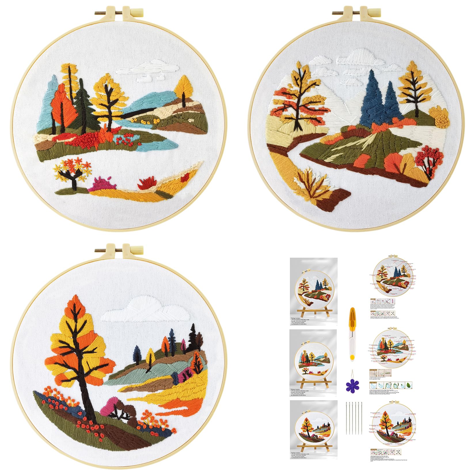 51buyoutgo 3 Set Embroidery Kits for Beginners Adults - Advanced Embroidery Starter Kit with Stamped Fabric, Easy Mountain Landscape Pre Printed Cross Stitch Patterns Crafts Gifts for DIY Home Decor