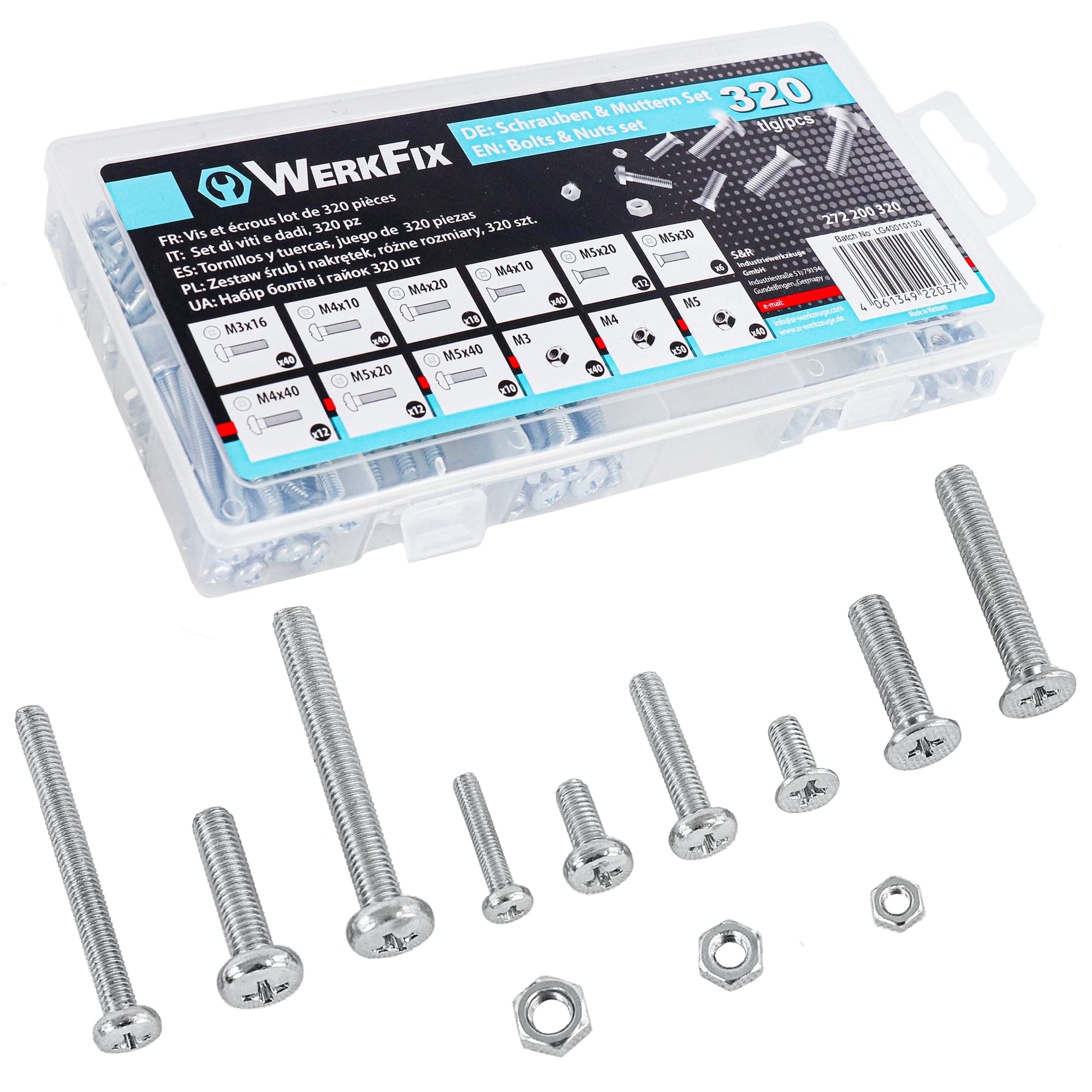 WerkFix Threaded Screws and Nuts Set, 320 Pieces Assortment, 9 Threaded Screw Sizes, 3 Nut Types, Phillips PH, According to DIN 965, for Crafts and DIY