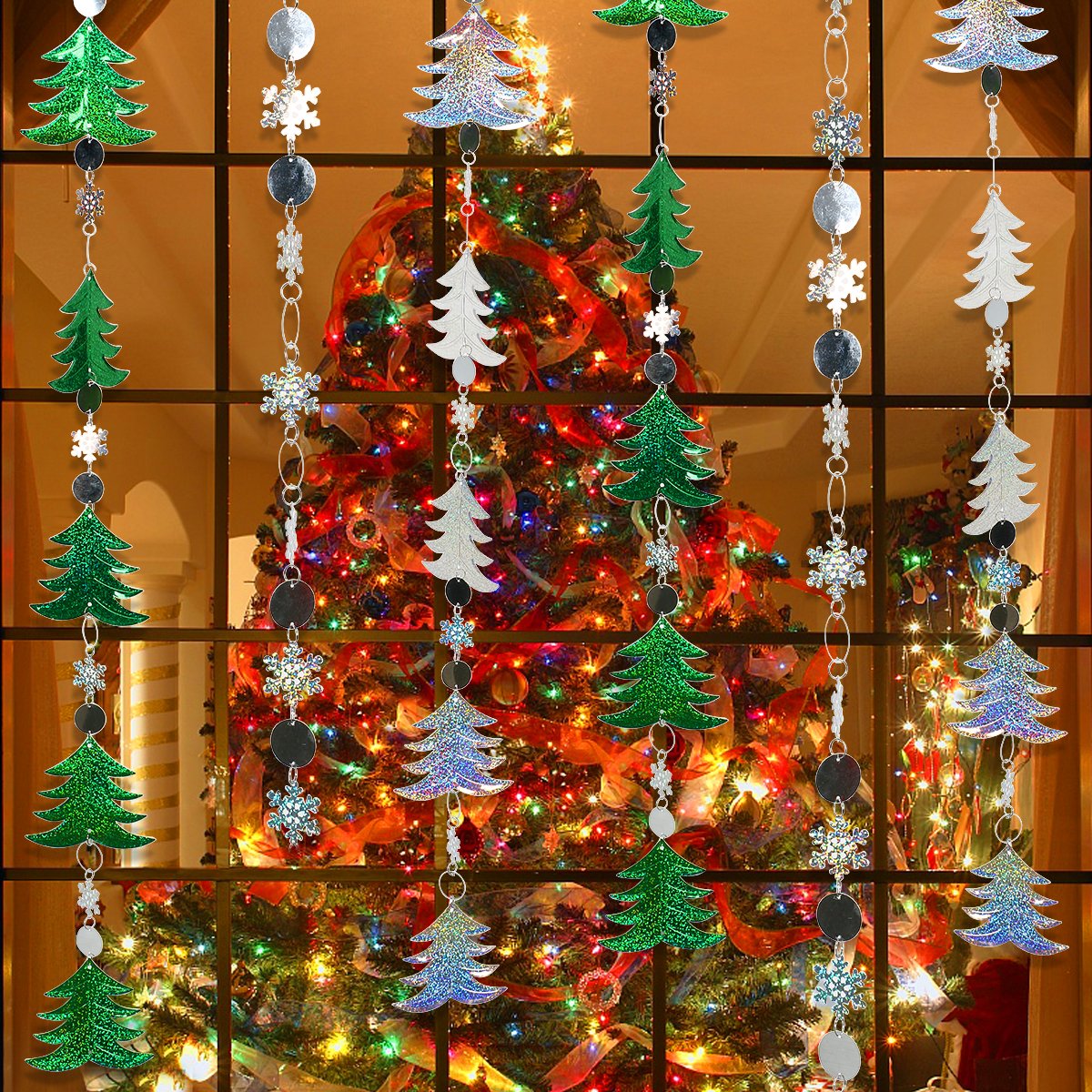 Christmas Hanging Decorations -3 Pieces Christmas Tree and Snowflake Shape Ornaments Hanging Bunting Garlands Banner for Xmas Party Decor