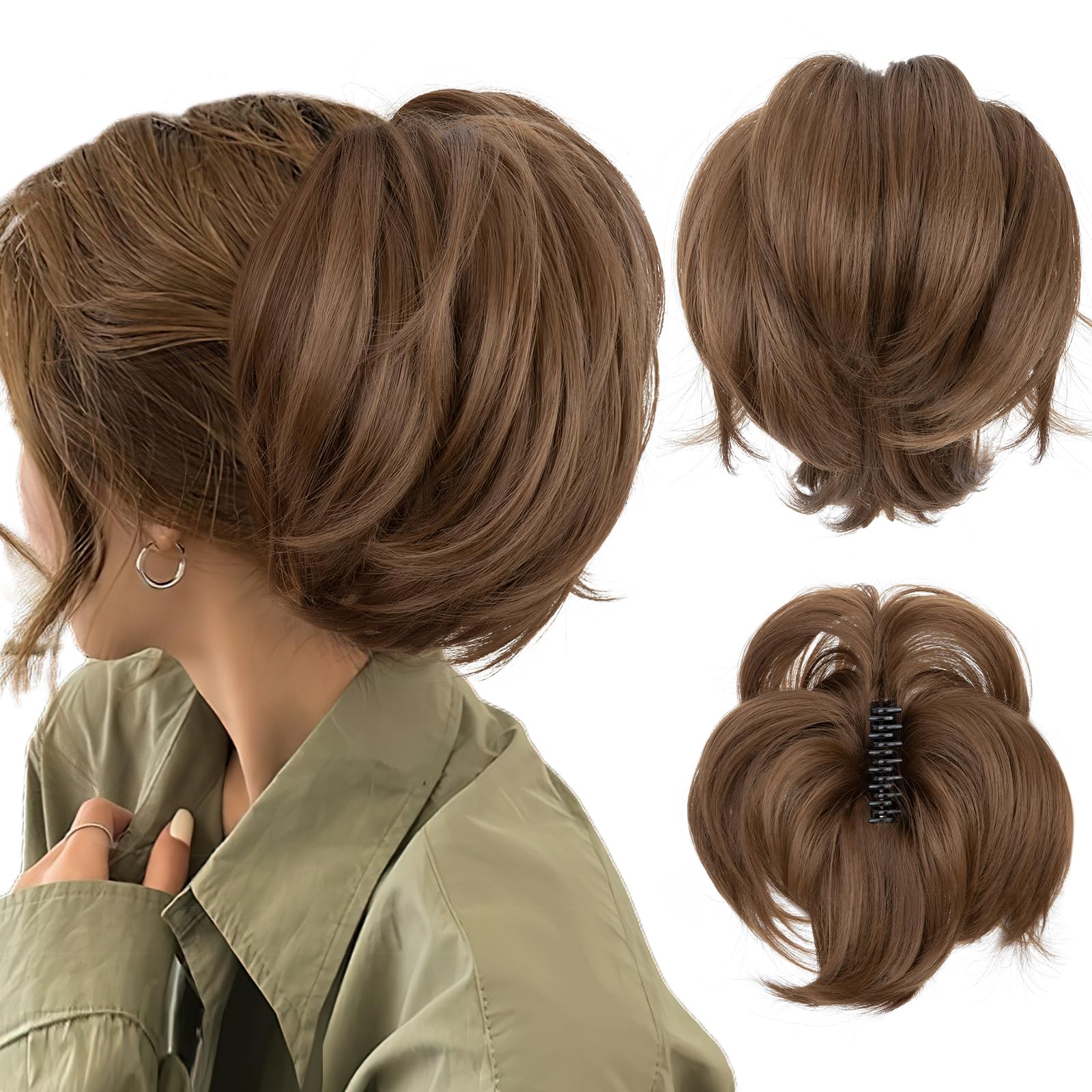 SEGOHAIR Claw Clip Short Ponytail Extension Messy Bun Hair Piece, Bendable Metal Wire Fake Bun Hair Pieces for Women-Fake Ponytail DIY Styles Hair Buns Hair Piece-Ash Brown