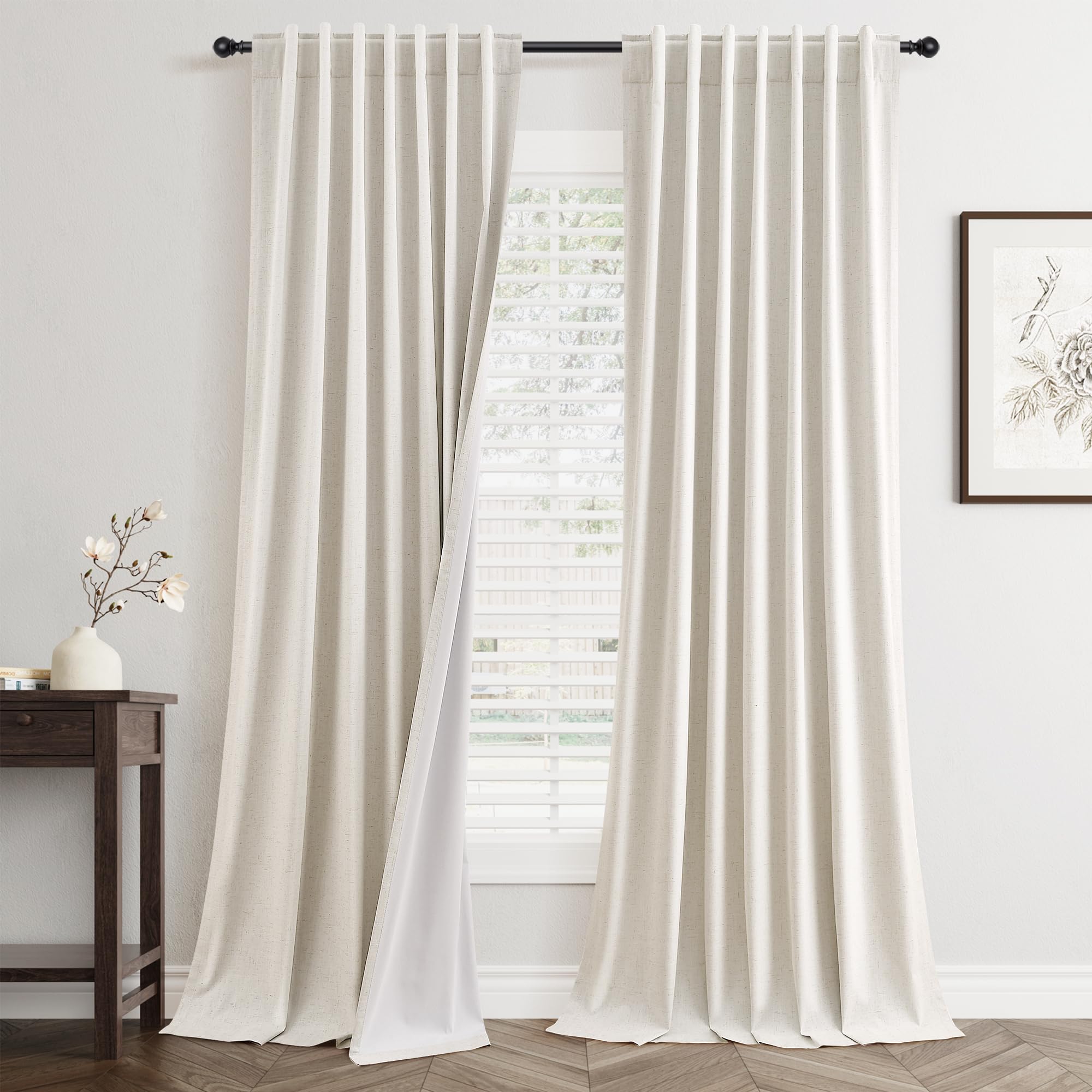 Photo 1 of 120 Inch Linen Blackout Curtains 2 Panels for Bedroom Living RoomCream Natural 100% Black Out Curtains 120 Inches Long Thermal Noise Reduction Light Blocking Drapes Rustic Country 10ft Back Tab Beige