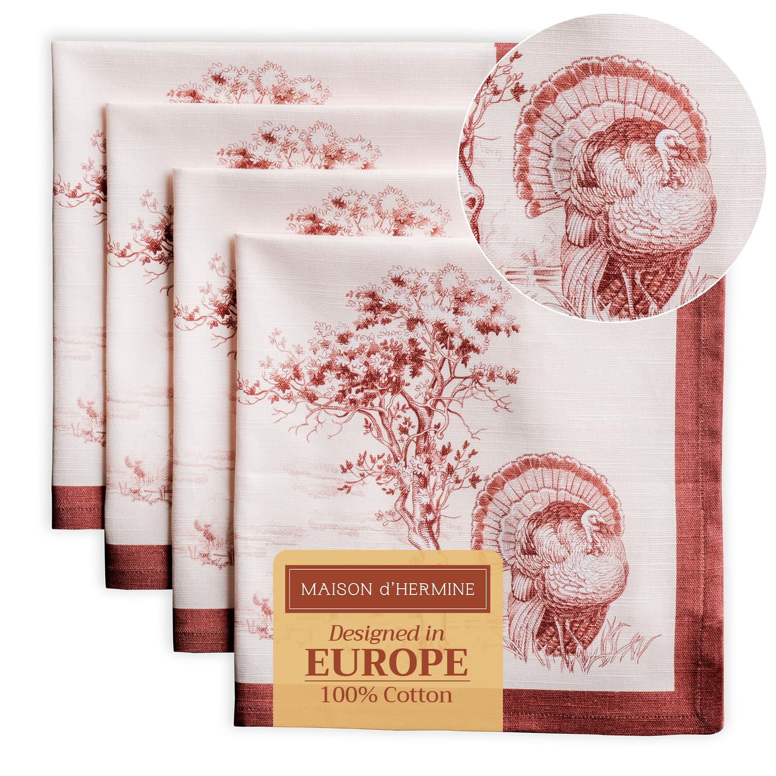 Maison d' Hermine Cloth Napkins Set of 4 100% Cotton for Christmas Decorations Everyday Reusable Square Autumn Napkins Cloth Washable Dinner Party Wedding (Holy Jouy - Brown, 45 CM x 45 CM)