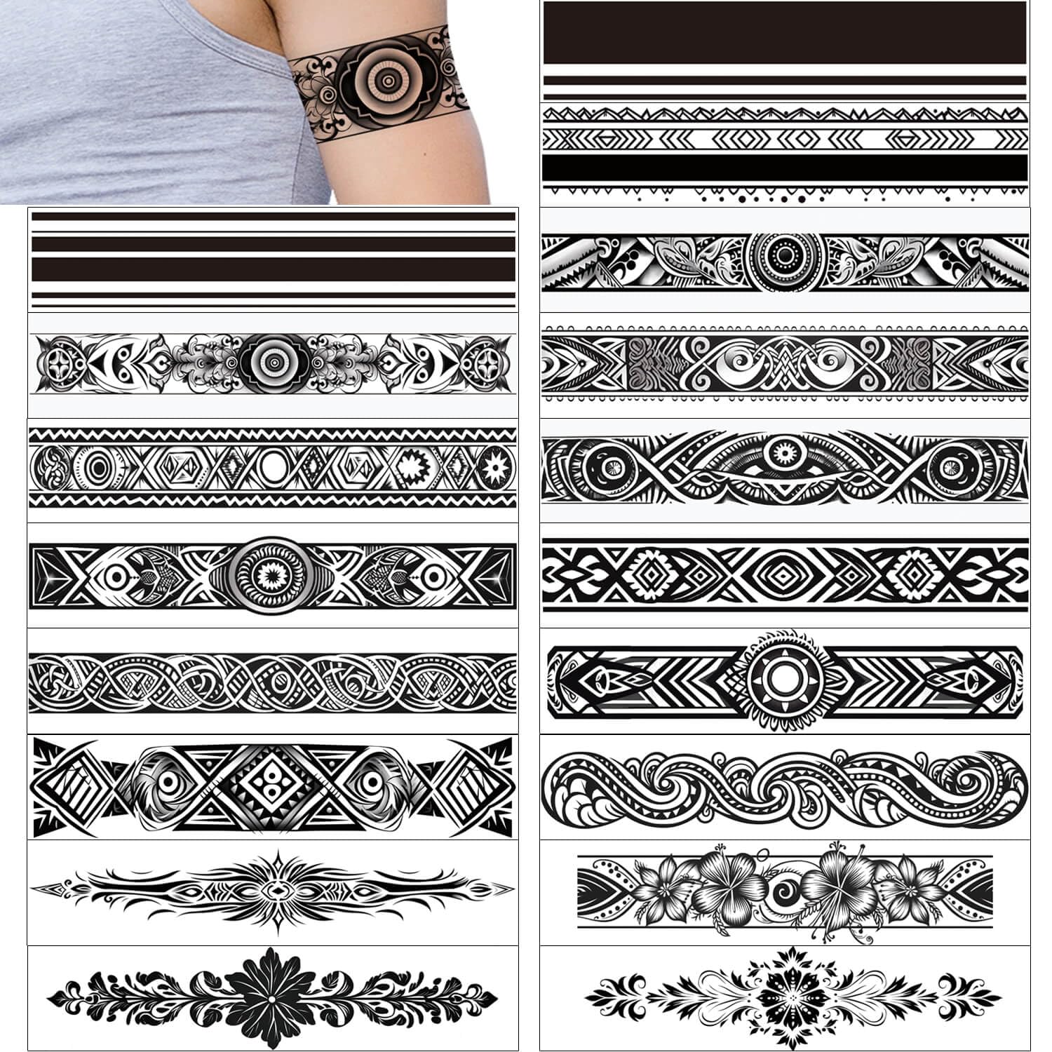 GLARYYEARS Arm Band Temporary Tattoo - 18 Pack Super Long size, Realistic & Boho Polynesian Maori Style Fake Tattoos, ArmBand Tattoos for Wrist, Ankle Circle, Geometric, Tribal and Totem