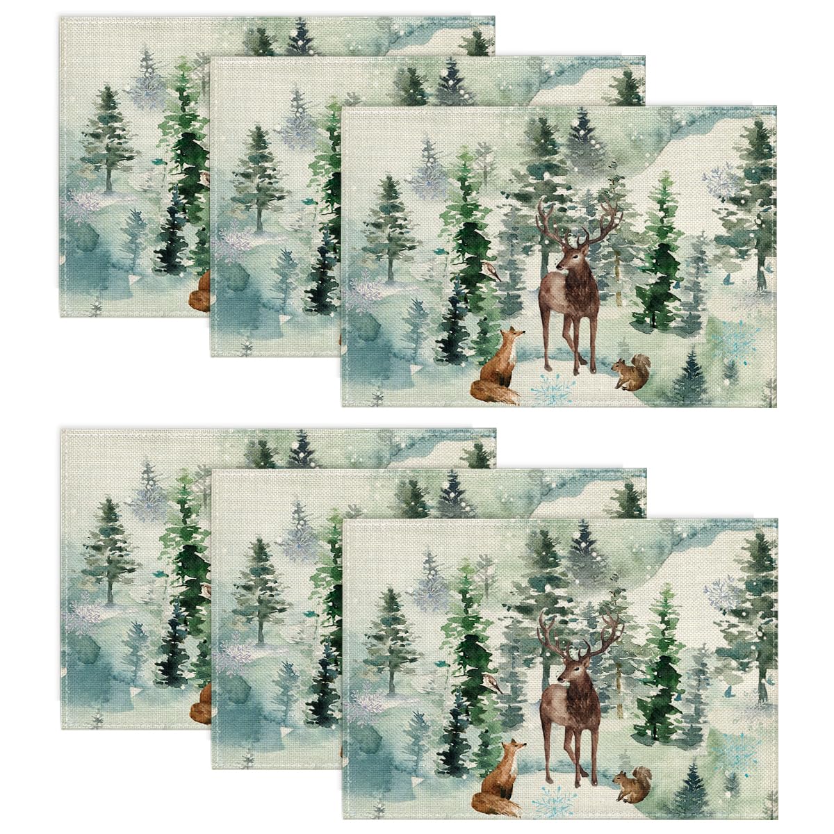 Artoid Mode Deer Fox Pine Trees Snow Christmas Placemats Set of 6, 30 x 45cm Seasonal Winter Xmas Holiday Vintage Washable Table Mats