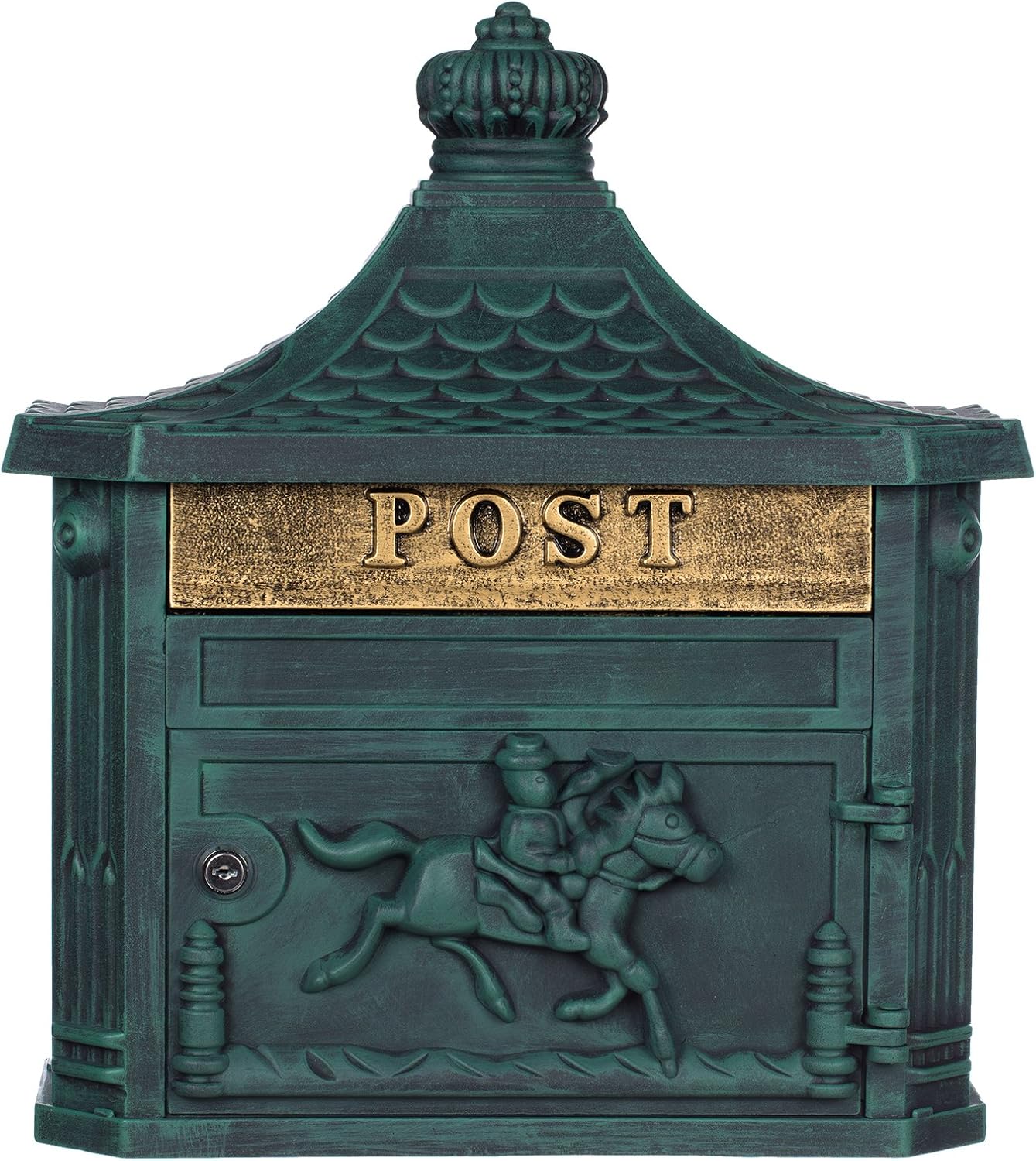 Antiker großer und sehr edler Briefkasten GLY 04 Antik Grün Wandbriefkasten, Briefkasten, Nostalgischer Englischer Briefkasten Alu - Guss 45 cm hoch . Mit Befestigungsmaterial für die Wand. mit 2 Schlüsseln , Rostfrei