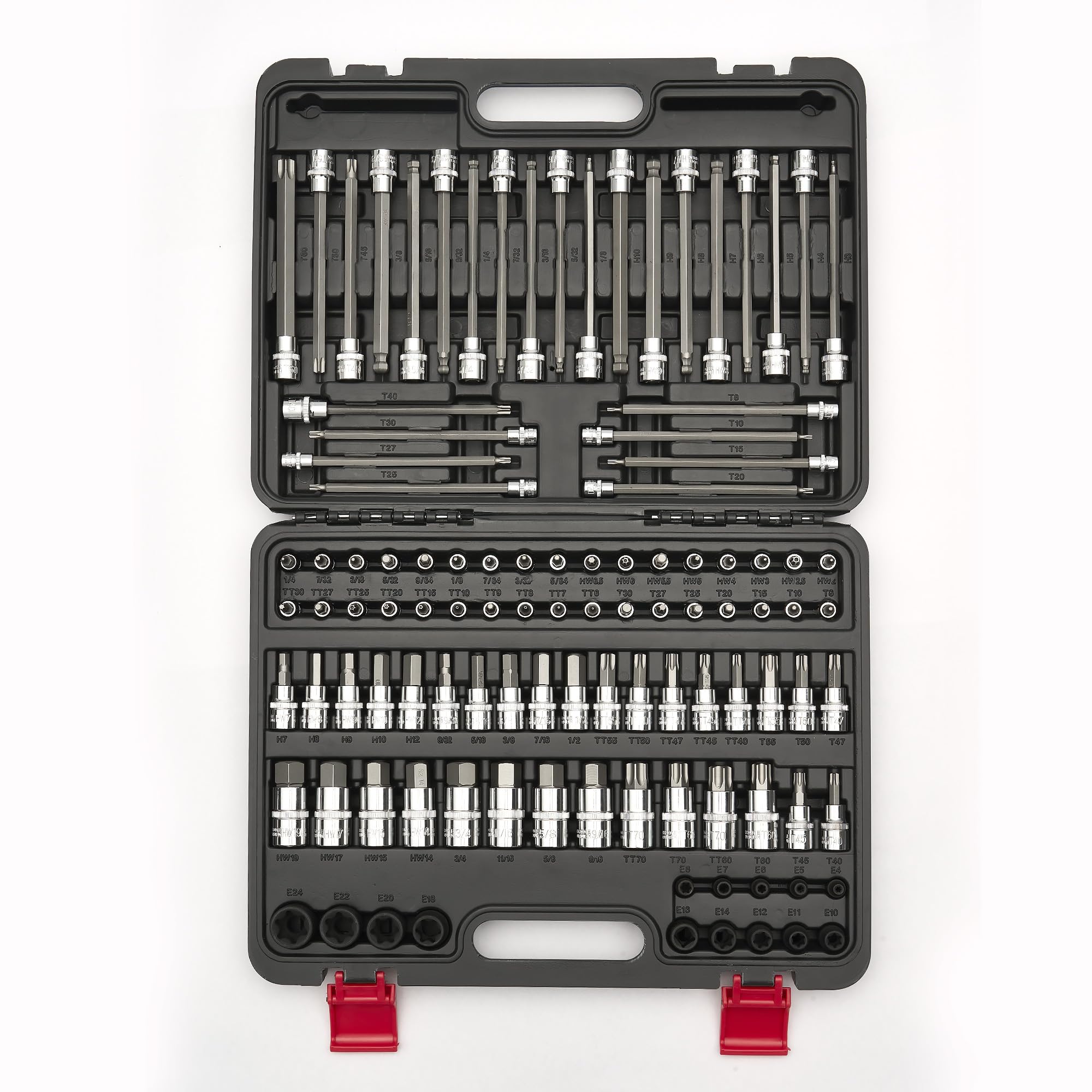 Photo 1 of 107-Piece Master Torx & Allen Bit Socket Set, S2 Steel, 1/4" 3/8" 1/2" Drive, Long Torx, Ball End Hex, Tamper-Resistant Star, E-Star Sockets, SAE & Metric (Chrome-Polished Set)