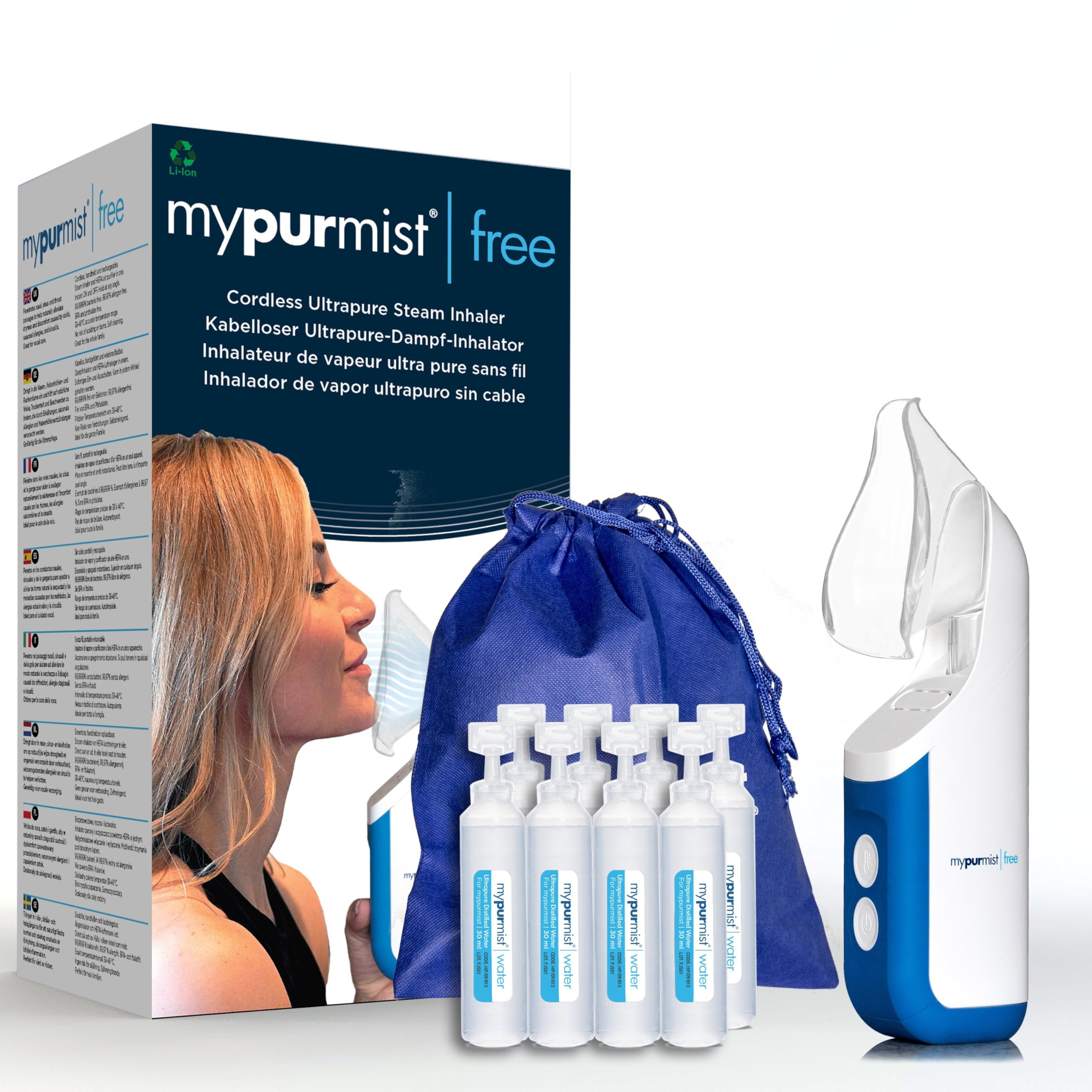 Mypurmist Free Ultrapure Cordless Steam Inhaler - Handheld Personal & Battery-Powered Steamer, Vaporizer & Humidifier for Sinus Relief, Nasal Congestion, Cold & Cough, Vocal Care