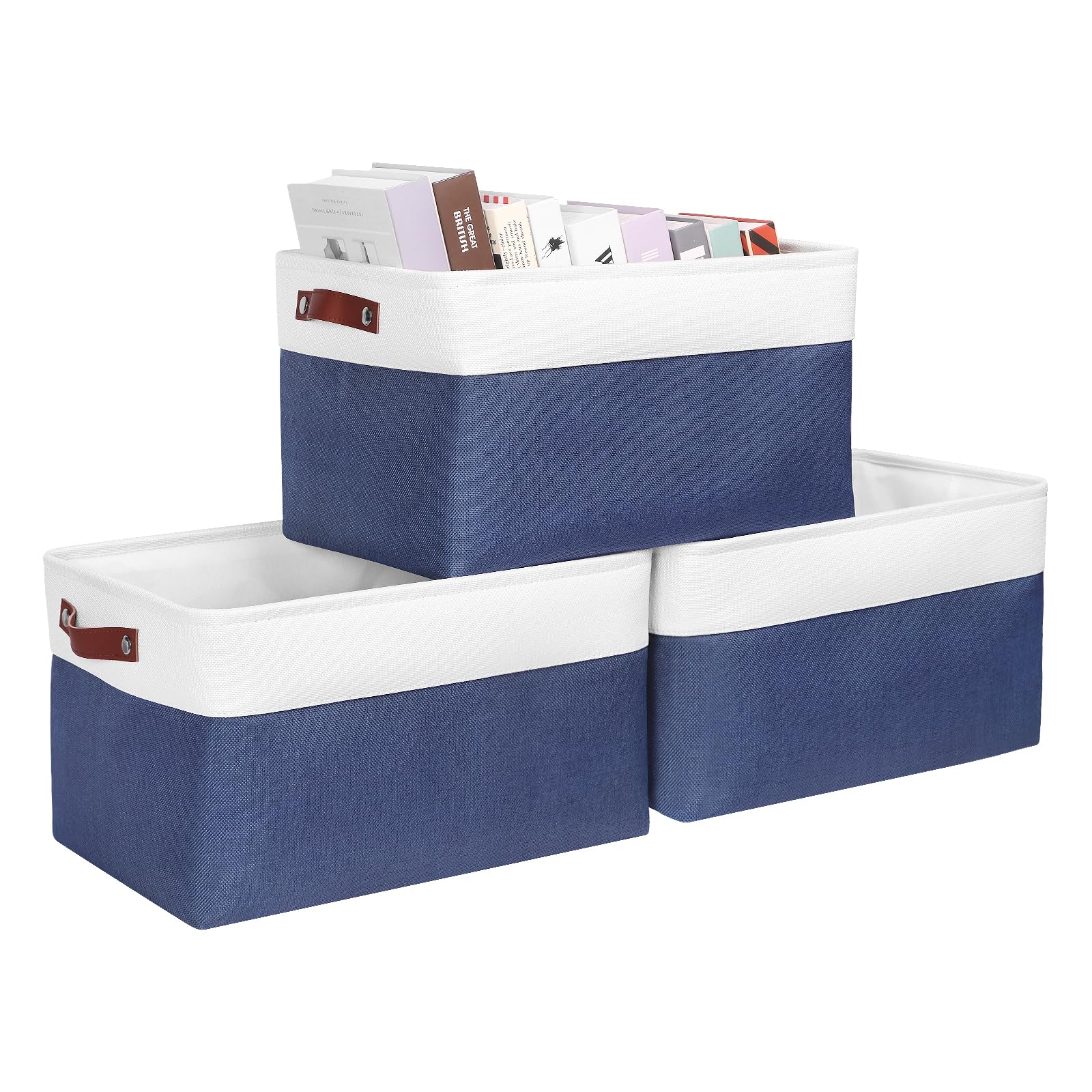 Syeeiex Large Storage Baskets for Shelves with Leather Handle, Flodable storage boxes, 3 Pack Fabric Stoarge baskets for Organizing Home, Toys, Office, Clothes (White/Blue)