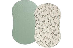 FADACUDAN Muslin Bassinet Sheet Compatible with Halo Bassinest Swivel Flex Glide Premiere & Luxe Series Sleeper 2 Pack Cotton Stylish Boho Fitted Bassinet Sheets Super Soft for Baby Roman Green & Botanical Leaf
