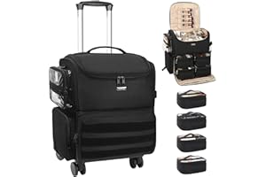 Relavel Rolling Makeup Train Case, Cosmetology Case on Wheels with 4 Clear Bags, Professional Makeup Artist Set Bags Cosmetic Storage Organizer with Adjustable Dividers, 360° Spinner Wheels, Black