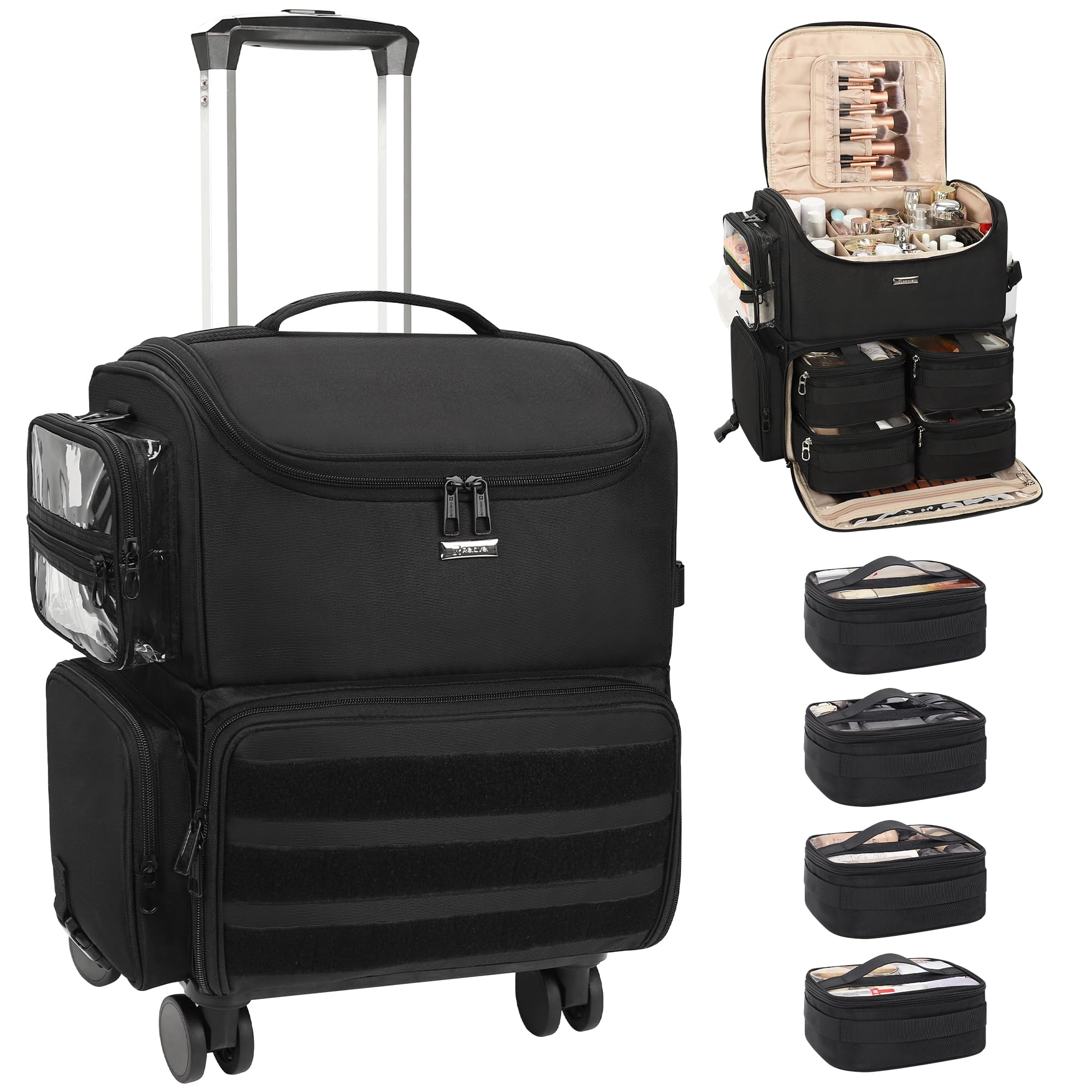 Photo 1 of Relavel Rolling Makeup Train Case, Cosmetology Case on Wheels with 4 Clear Bags, Professional Makeup Artist Set Bags Cosmetic Storage Organizer with Adjustable Dividers, 360° Spinner Wheels, Black