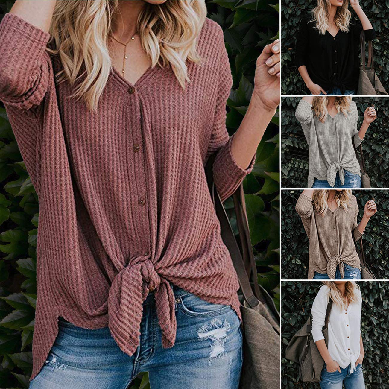 Poplover Womens Loose Knit Tunic Blouse Bow Henley Tops with Button Wine red Large