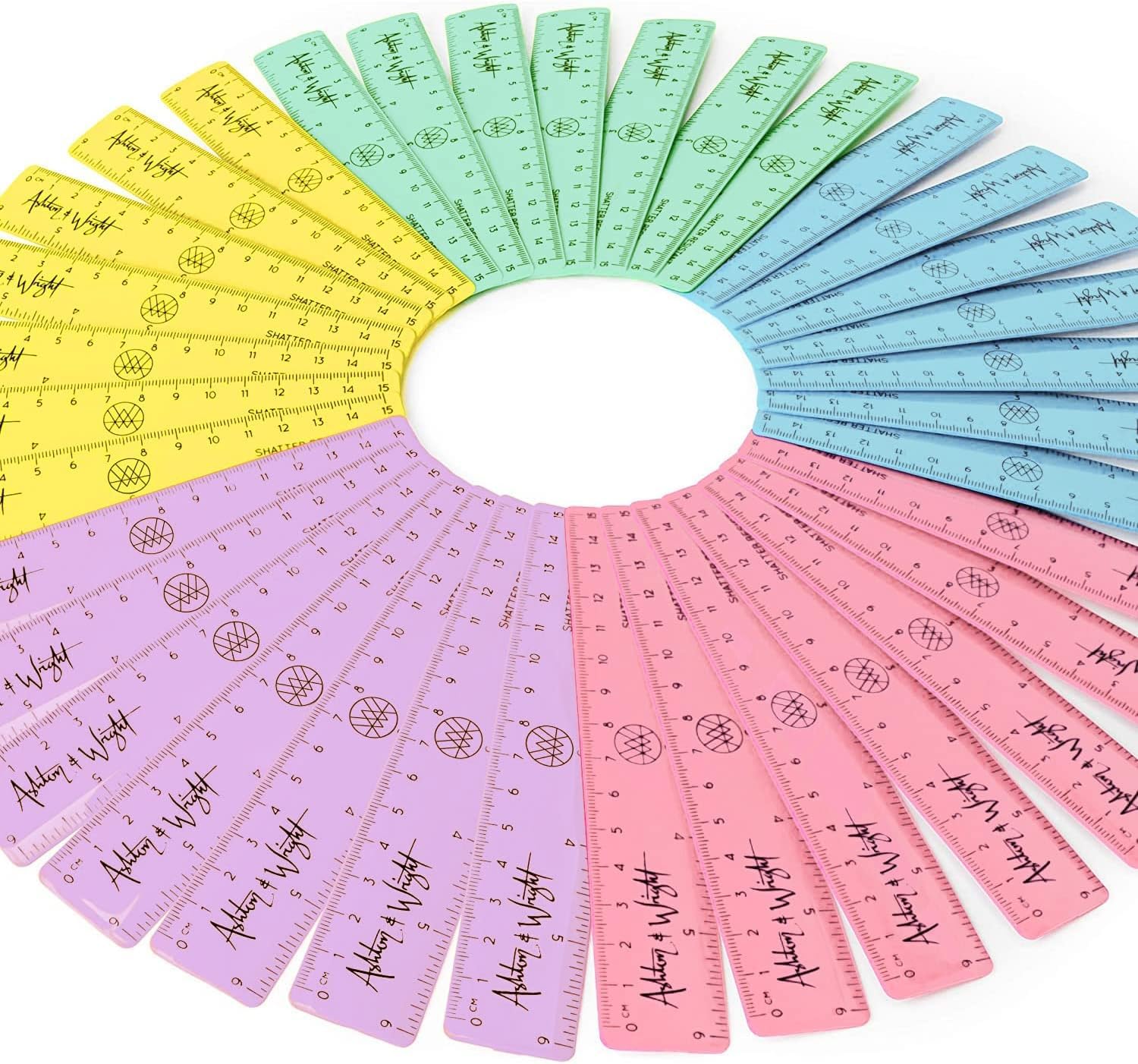 Ashton and Wright - 6 Inch / 15cm Rulers - Shatter Resistant - Class Pack of 50 - Pastel Colours