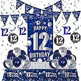 12th Birthday Decorations for Boys Girls, Blue Silver Happy 12th Birthday Party Decorations Supplies - Happy 12 Birthday Backdrop Banner Tablecloth Triangle Flag Balloons for 12 Year Old Party