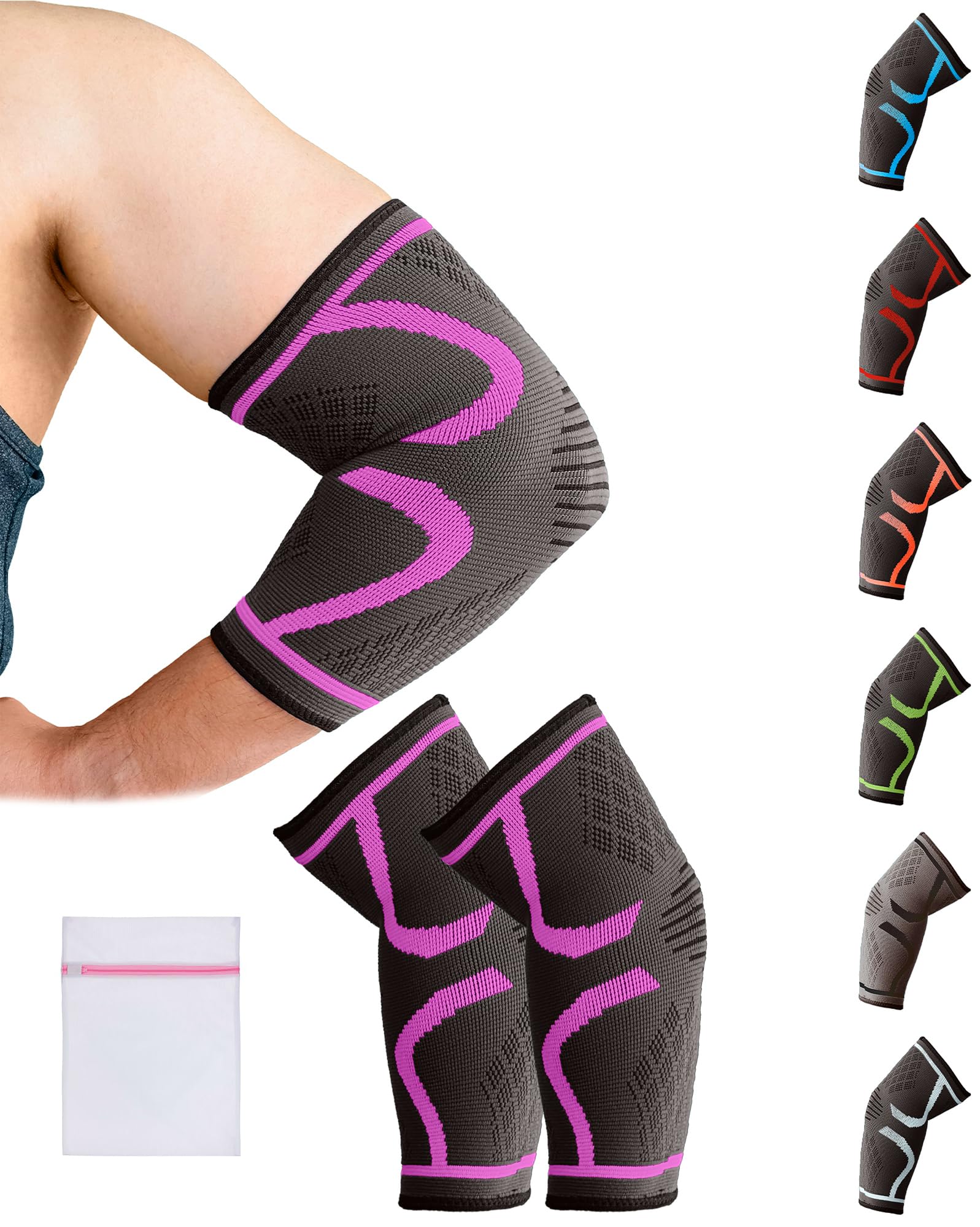 360 RELIEF Elbow Support for Men, Women, Kids, 2 Pack Compression Elbow Sleeve for Tennis, Golfers, Sports, Fitness, Gym, Weightlifting, Large, Pink + Laundry Bag
