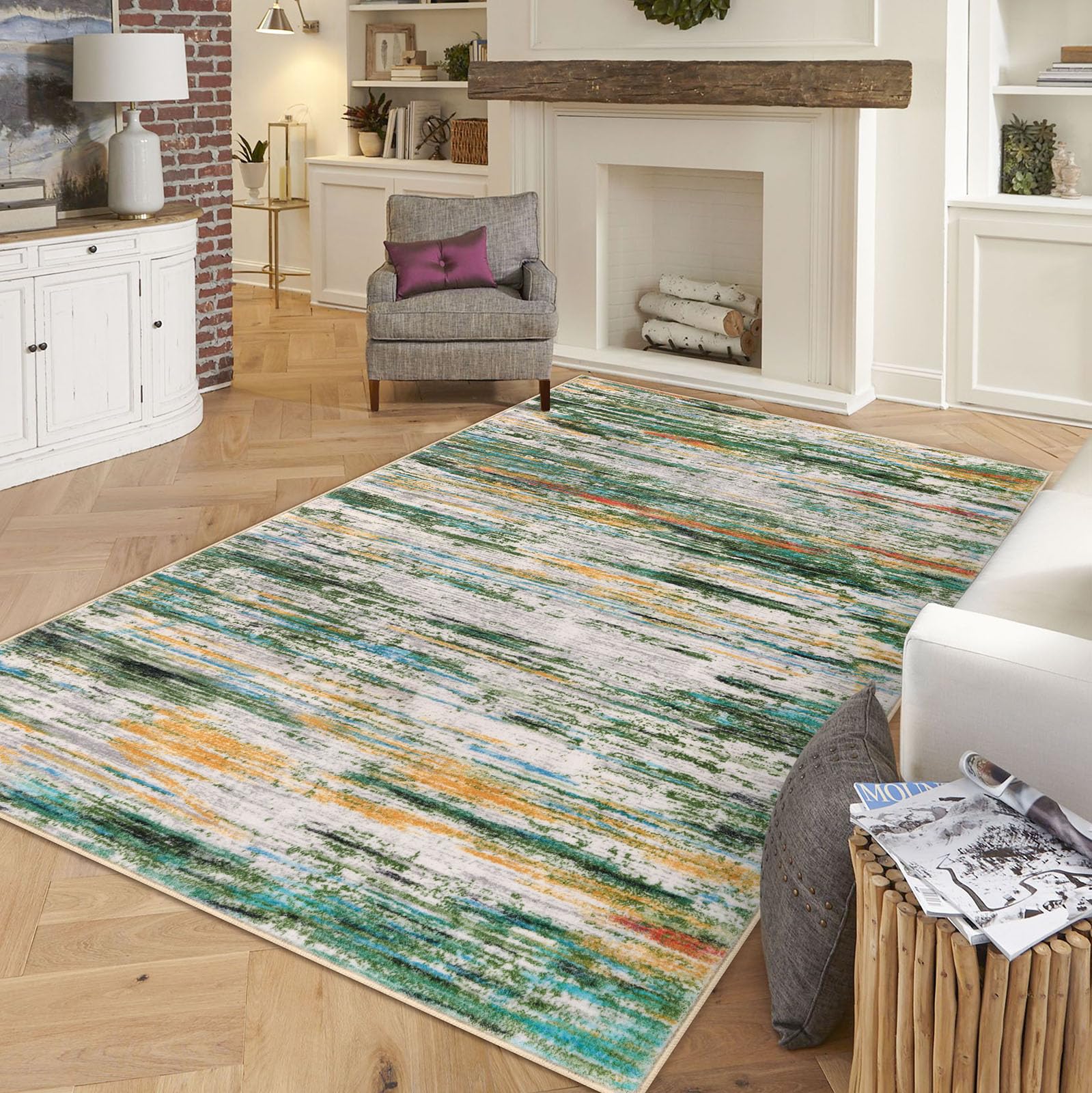 Photo 1 of SIILOOM Green Teal Orange Multi 5x7 Modern Abstract Area Rug for Bedroom, Large Super Soft Washable Rug, Non-Slip Non-Shedding Throw Rugs for Living Room, Indoor Door Mat For Nursery Office Home Décor