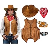 Women Cowgirl Costume Western Vest Hat Belt Set for Cowgirl Cowboy Halloween Cosplay