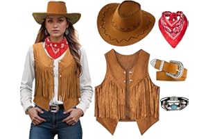 AITIPOO Women Cowgirl Costume Western Vest Hat Belt Set for Cowgirl Cowboy Halloween Cosplay