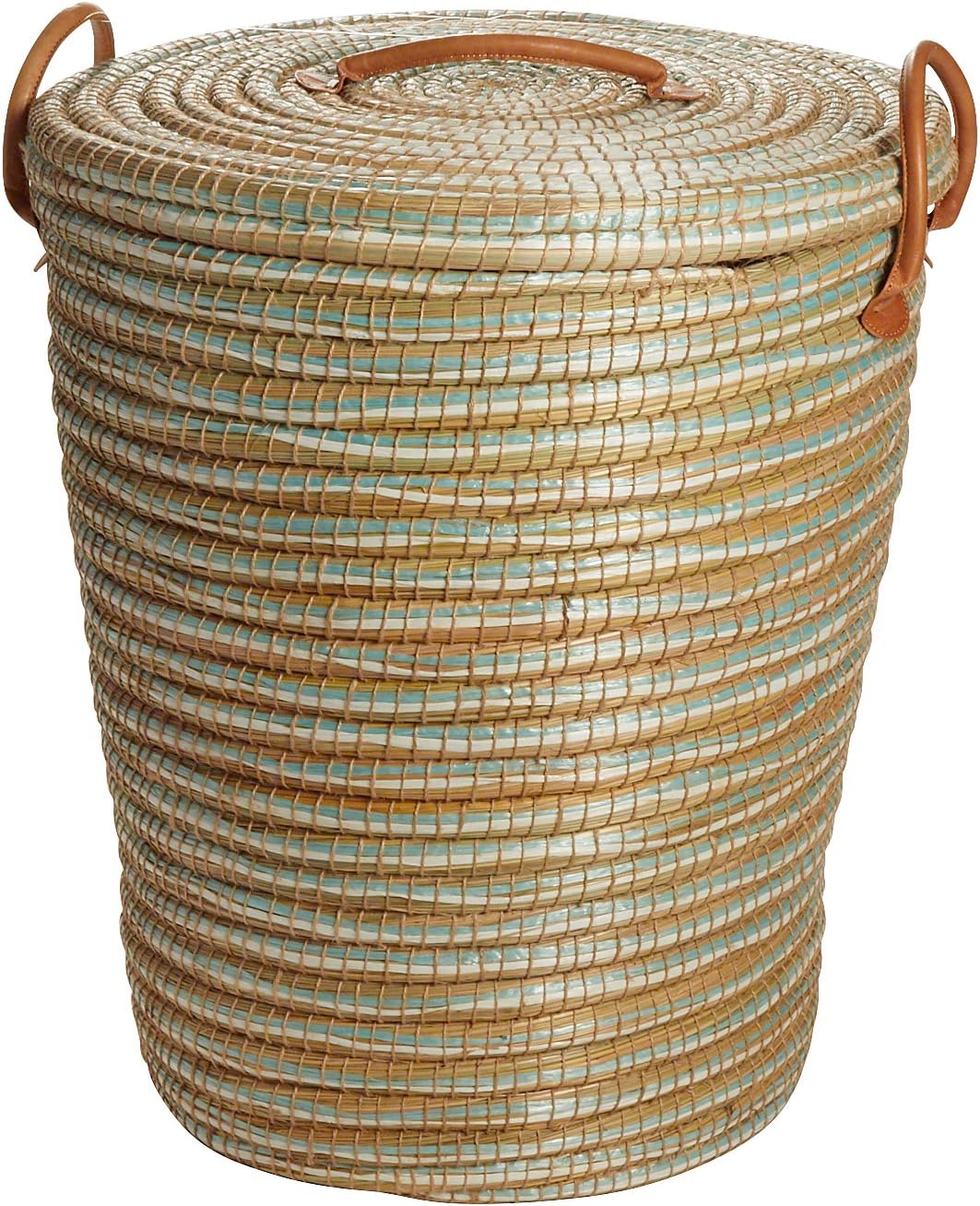 Ten Thousand Villages Natural and Aqua Round Coiled Kaisa Grass Hamper 'Calm Mood Hamper Basket'