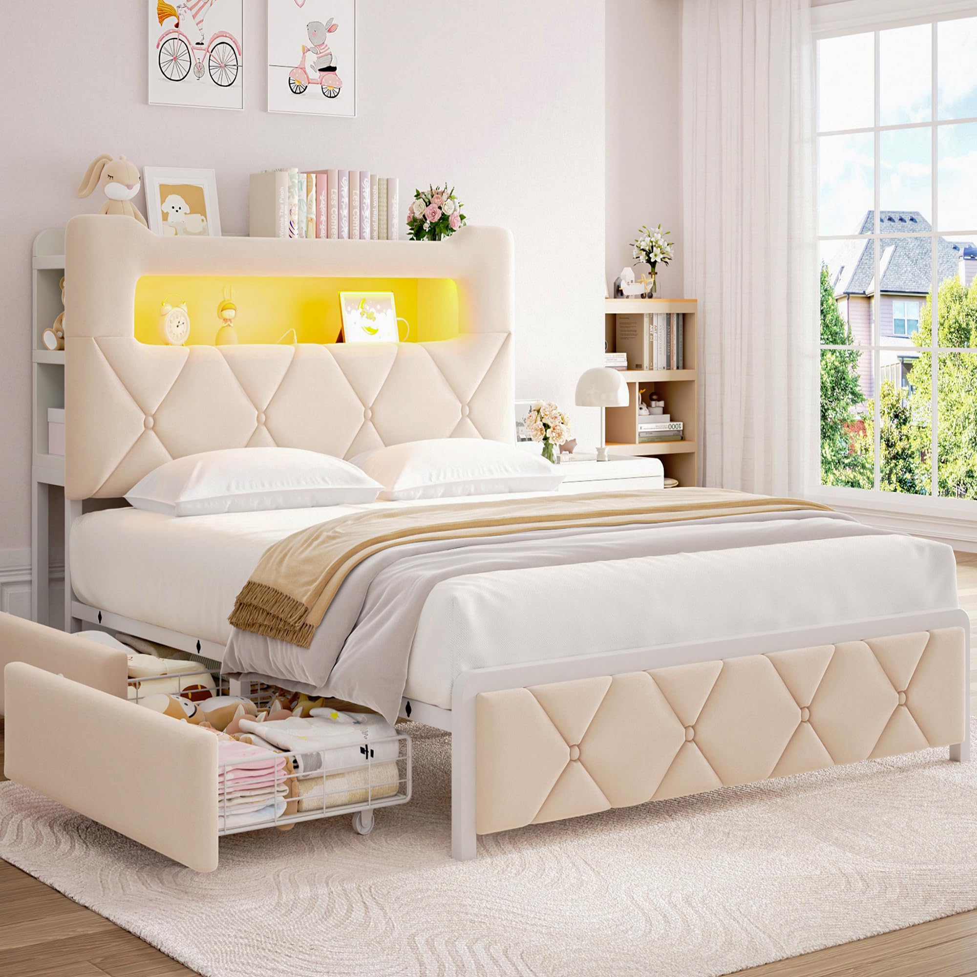 Photo 1 of *** MISSING MANUAL AND HARDWARE ***** Full Upholstered LED Bed Frame with 2 Storage Drawers and 2-Tier Storage Headboard, Velvet Princess Platform Bed with Charging Station & Bookcase, Corner Bed Frame, Heavy Duty Metal Support, Beige