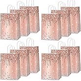Naozinebi 12Pcs Pink Rose Gold Gift Bags Glitter Diamond Goodie Bag Happy Birthday Treat Bag Rose Gold Candy Bags Supply for Wedding Bridal Baby Shower Holiday Party Favors Decoration 4.7*3.15*8inch