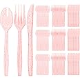 180 Pack Pink Glitter Plastic Silverware,Disposable Glitter Cutlery,Heavy Duty Plastic Silverware 60 Pink Forks, 60 Knives, 6