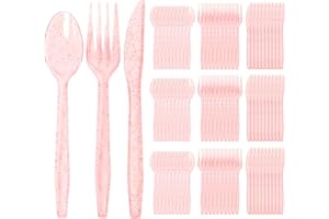 180 Pack Pink Glitter Plastic Silverware,Disposable Glitter Cutlery,Heavy Duty Plastic Silverware 60 Pink Forks, 60 Knives, 6