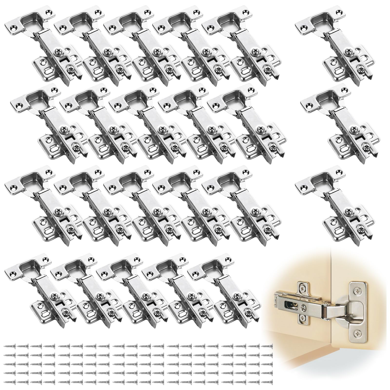 APACALI 24 PCS Kitchen Cupboard Hinges, Kitchen Cabinet Hinges with Screws, Full Overlay Cabinet Hinge, Soft Close Hinge for Kitchen Cupboards, Bathroom Bedroom Dining Room, Silver — image 1