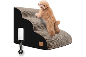blunique Dog Stairs for Small Dogs, 15.8 in H 3 Step Curved Dog Ramp for High Bed and Couch, Foam Dogs Ramp with Durable Non-Slip Waterproof Fabric Cover, Pet Stairs for Pets Joints, Brown