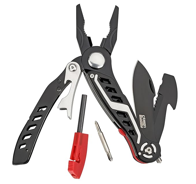 CampBuddy Taschenmesser - Multitool mit 12 Outdoor und Rettungsfunktionen - Multifunktionswerkzeug und Nylon-Gürtelholster