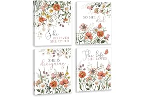 HOURIA She Believed She Could So She Did Canvas Wall Art,Pink Flower Pictures Wall Decor,(Set Of 4,12"X16") Wildflower Floral Girls Bedroom Decor,Inspirational Gifts For Women Friends