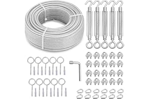 hannger M6 Turnbuckles for Cables Wire Kit, 3/16" PVC Coated Steel Cable Kit w/ 7×7 Strand Core & 100Ft Wire Rope Tensioner Strainer for String Light Hanging/Deck Stair Railing/Shade Sail/Clothes Line