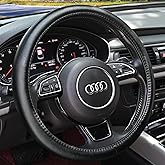 Haokay Heavy Duty Pure Cowhide Steering Wheel Cover, Black Genuine Leather Steering Wheel Cover Men Women Universal 14.5 to 15 Inch