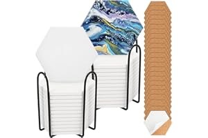 COLOVIS 24 Pack Ceramic Tiles for Crafts with 2 Holders, White Unglazed Blank Ceramic Coasters with Self-Adhesive Cork Backing Pads for Acrylic Pouring, Painting, Make Your Own DIY Coasters (Hexagon)