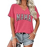 VVNTY Womens Mama Shirt: Mama Letter Print T-Shirt Pink Bow Mom Life Tee V Neck Graphic Tee Tops