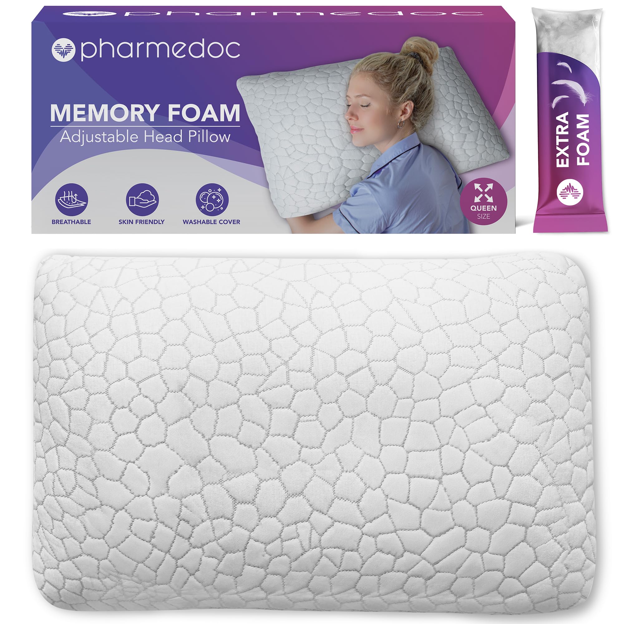 Photo 1 of Pharmedoc Adjustable Shredded Memory Foam Bed Pillow - Perfect for Side Sleeper - Rectangular - Neck Support for Pain Relief - Queen Size - Extra Filling Pack