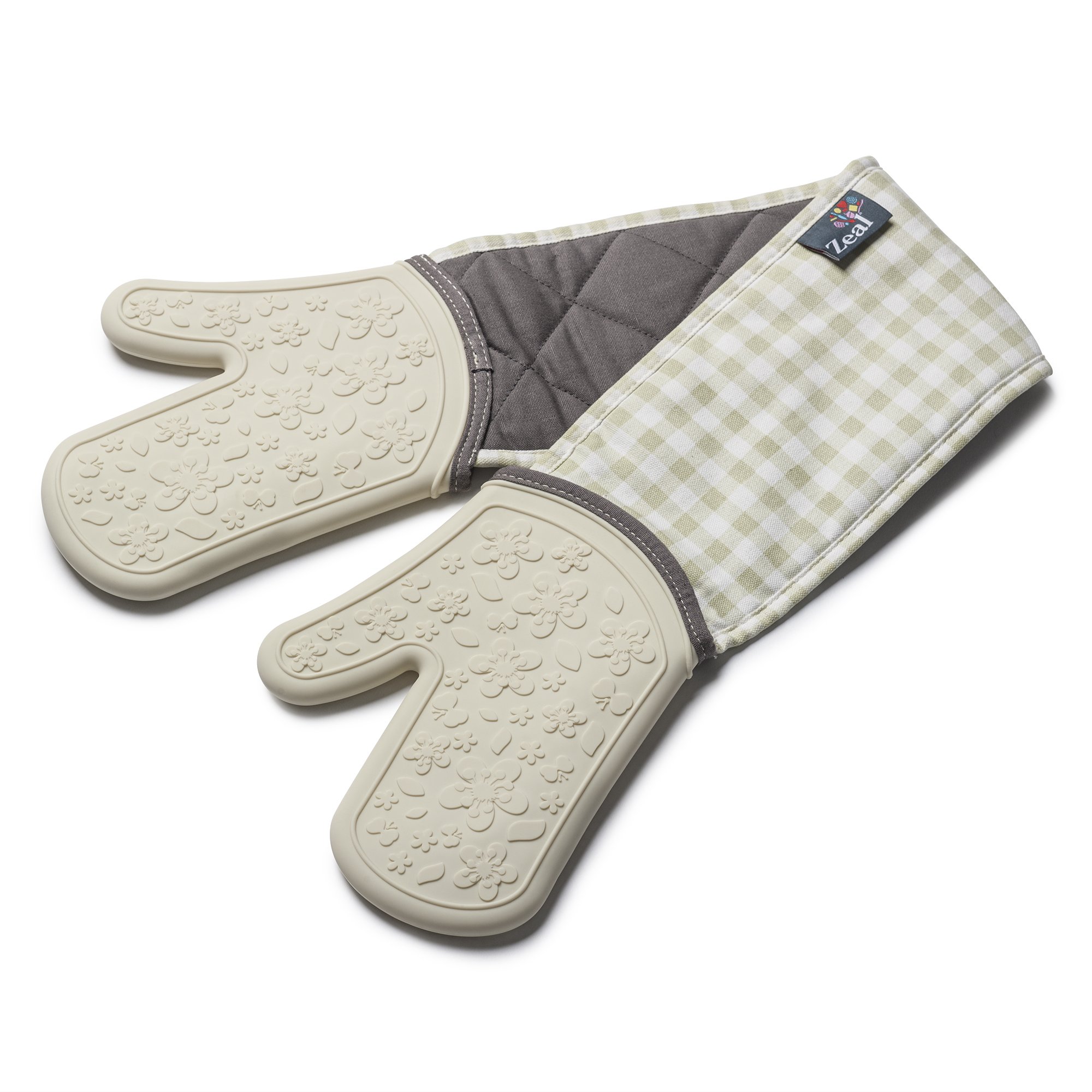 Zeal Silicone Heavy Duty Double Oven Gloves Mitts, Cream (94 cm Long) – Gingham