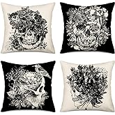 Easternproject Set of 4 Halloween Decorative Pillow Cover Vintage Floral Skull Gothic Crow Throw Pillow Case Cotton Linen White Black Style Day of The Dead Home Decor Cushion Cover 18x18 Inch