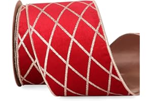 Ribbli Red Velvet Ribbon Wired with Glitter Diamond Grid 4 Inch Christmas Ribbon for Christmas Tree Decoration Big Bow Gift Wrapping Crafts Wreaths Garland Supplies - 10 Yards