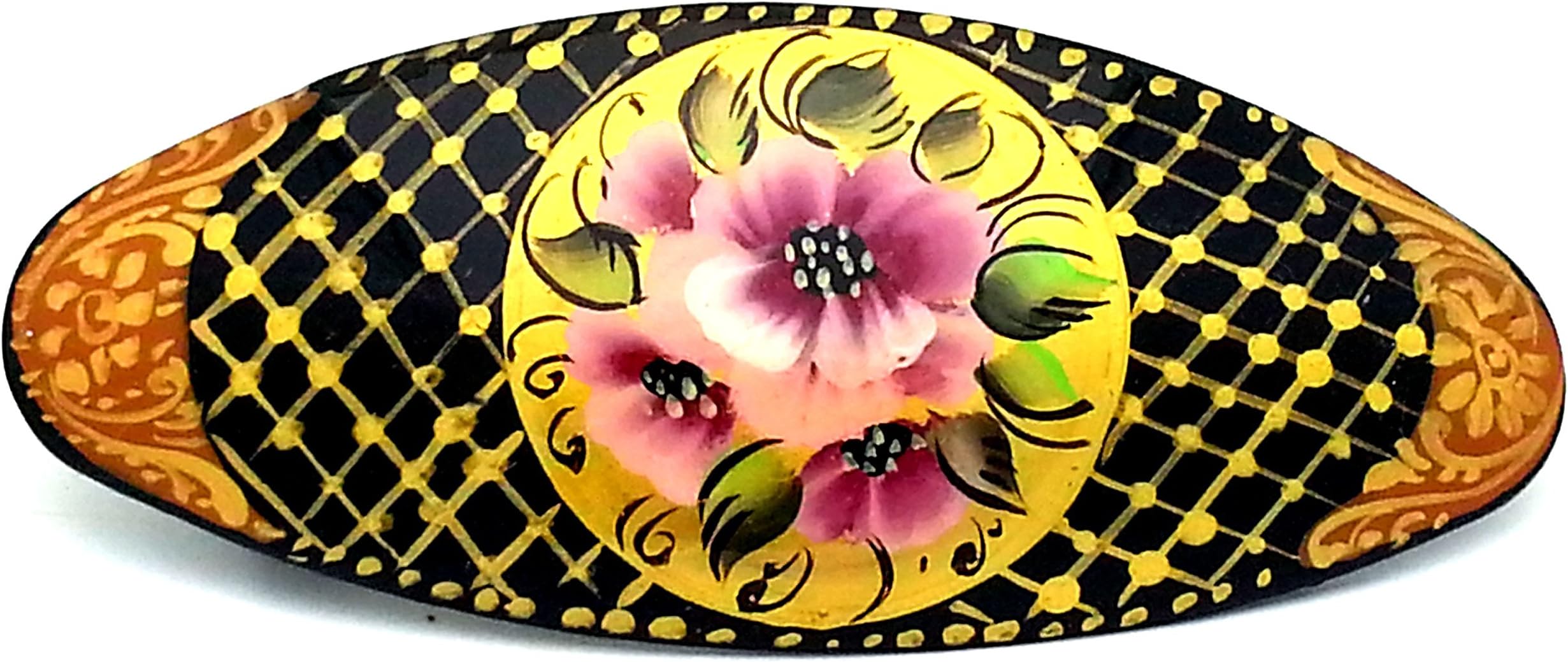 Russian Hair Clip Hand Painted Barrette Gold Black with Flowers Zhostovo Style only one Like This