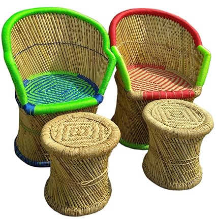 PatioStack Bamboo Outdoor Vintage Rattan & Wicker Sitting Chair Stools Furniture Set for Garden / Terrace / Lawn and Living Room [ 2 Chair & 2 Stools ]