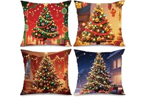 AEHHDL Christmas Throw Pillow Covers 18x18 Inch Set of 4,Merry Christmas Tree Throw Pillow Case Xmas Decorations and Supplies for Home Sofa Couch (Multi-Colored 03, 18x18 Inch Set of 4)