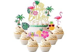 ZHUOWEISM 25 PCS Tropical Luau Cupcake Toppers with Happy Birthday Flamingo Cake Topper Palm Tree Flamingo Pineapple Aloha Cupcake Picks Decorations for Hawaiian Luau Theme Birthday Party Supplies