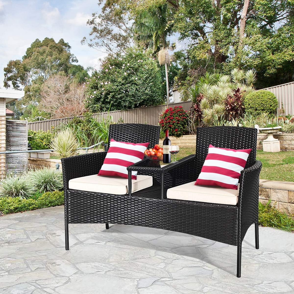 Tangkula Wicker Patio Conversation Furniture Set, Outdoor Furniture Set with Removable Cushions & Table, Tempered Glass Top, Modern Rattan Sofas Set for Garden Lawn Backyard (Black): Garden & Outdoor