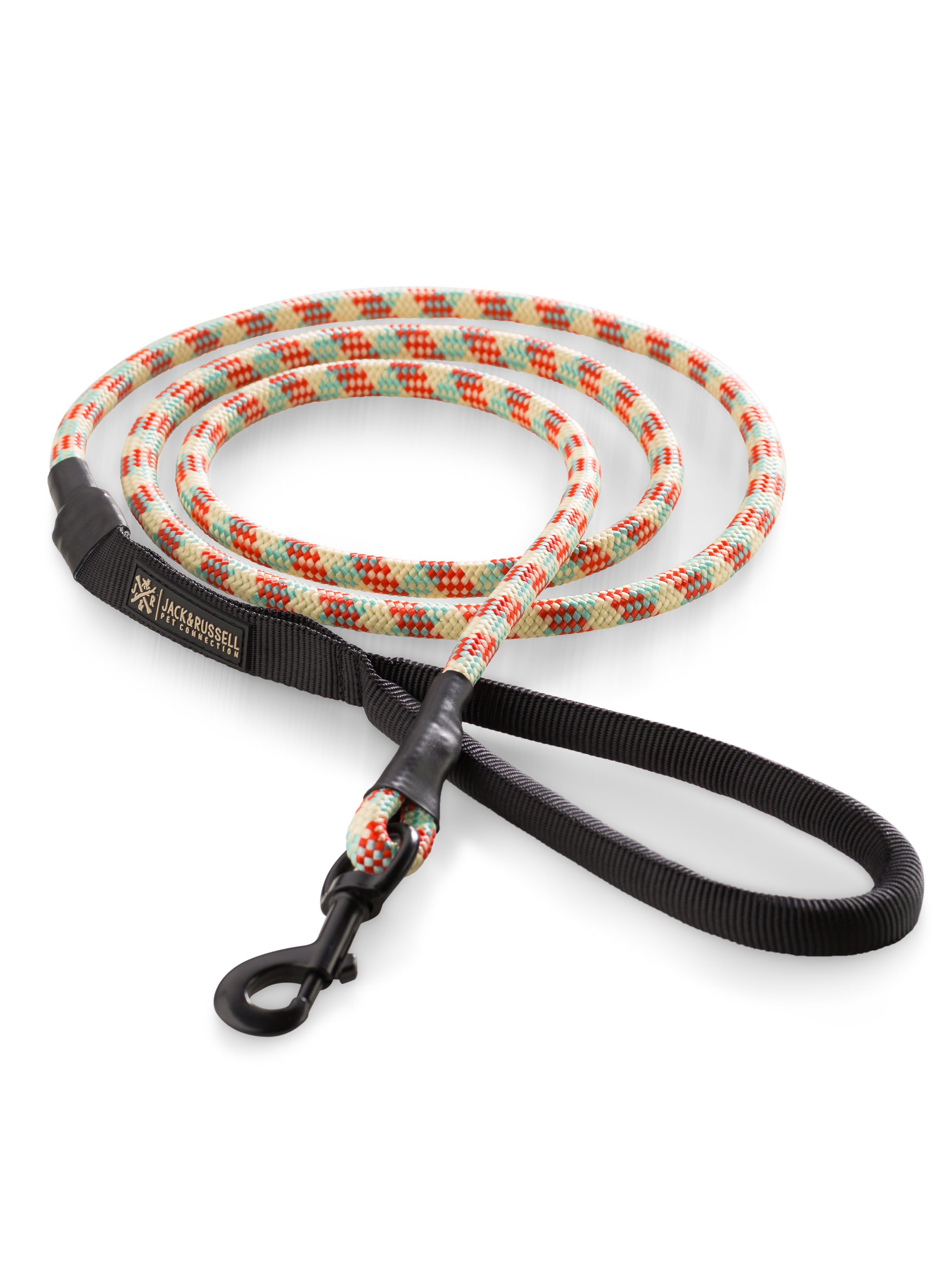 Jack & Russell Premium dog leash Tajo made climbing rope with bolt carabiner - dog leash with soft-grip hand strap incl. jute bag (Red/Cream/Turqouis)
