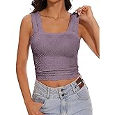 Women’s Square Neck Wide Strap Flower Cropped Tank Top Backless Lettuce Trim Slim Fit Love Letter Cami Vest