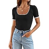 ZESICA Women's Short Sleeve Square Neck Color Block T Shirt 2026 Summer Slim Fit Ribbed Knit Basic Tee Tops