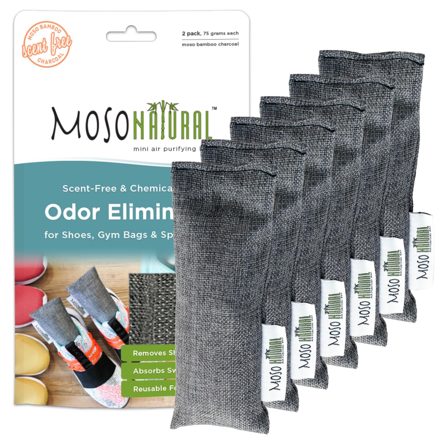 Moso Natural Shoe Deodorizer Insert (3 Pack) Charcoal Odor Absorber for Shoes, Gym Bag & Boot Deodorizer, Long-Lasting Shoe Odor Elimination, Unscented Air Purifying Bags (Two Per Pack. 6 Total)
